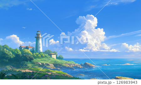 青空の灯台の風景、アニメ風 126983943