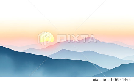 sunrise over misty mountains in soft pastel colors. Minimalistic landscape painting illustration 126984465