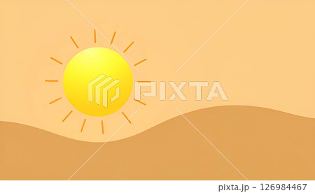 Minimalistic illustration of a bright yellow sun shining over warm beige backdrop background 126984467