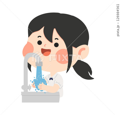Cute Girl Washing Hands Cartoon 126984561