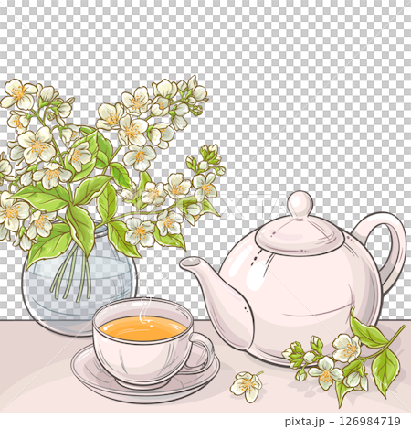 Cup of Jasmine Tea and Jasmine Flowers. Aroma Beverage in a Teapot Colored Detailed Illustration for Design and Decoration for Cafeteria, Posters, Banners, Cards. 126984719