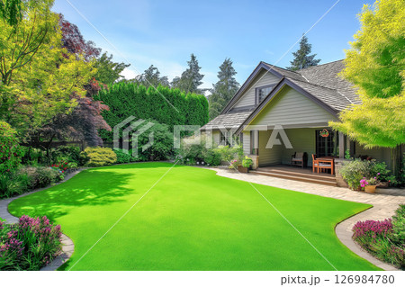 Cassic backyard with idullic lawnand house at sunny day 126984780