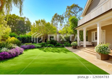 Cassic backyard with idullic lawnand house at sunny day 126984783