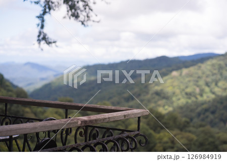 digital nomad concept wooden terrace with mountain view of coffeeshop 126984919