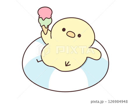 2段アイスを持ちながら浮き輪に寝そべる可愛いひよこのイラスト 2段アイスを持ちながら浮き輪に寝そべる可愛いひよこのイラスト 126984948