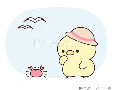 麦わら帽子をかぶった可愛いひよこがカニを観察しているイラスト 麦わら帽子をかぶった可愛いひよこがカニを観察しているイラスト 126984950