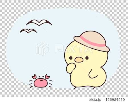 麦わら帽子をかぶった可愛いひよこがカニを観察しているイラスト 麦わら帽子をかぶった可愛いひよこがカニを観察しているイラスト 126984950