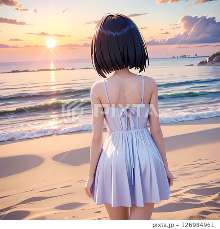 浜辺に立つ白いワンピースを着た女性の後ろ姿 126984961