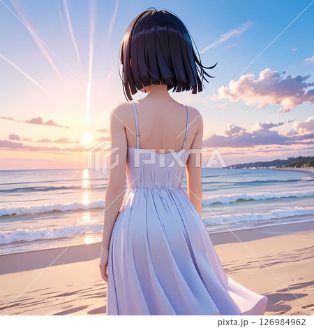 浜辺に立つ白いワンピースを着た女性の後ろ姿 126984962