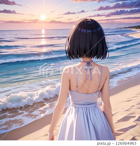 浜辺に立つ白いワンピースを着た女性の後ろ姿 126984963