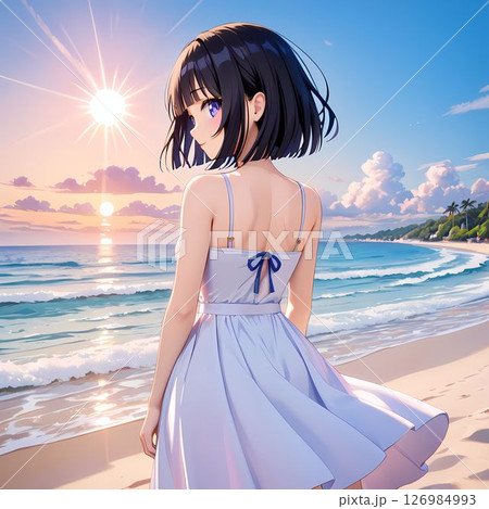 浜辺で振り返る白いワンピースを着た女性 126984993