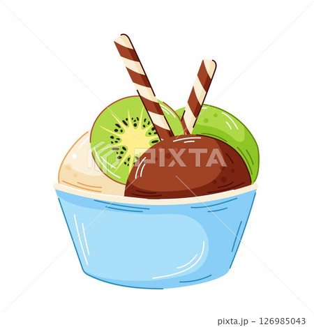 Colorful ice cream in bowl with vanilla, chocolate and kiwi scoop topped with wafer sticks and kiwi fruit in cartoon style. Perfect for dessert menu, packaging and sweet food design. Colorful ice cream in bowl with vanilla, chocolate and kiwi scoop topped with wafer sticks and kiwi fruit in cartoon style. Perfect for dessert menu, packaging and sweet food design. 126985043