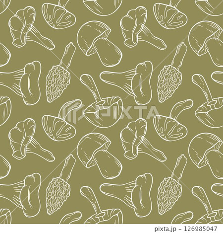 Seamless pattern of line art style mushroom on green background. Boletus, porcini, Chanterelle, Morel, Niscalo, Shiitake, Autumn Skullcap. Perfect for food delivery pakage, nature or botanical autumn Seamless pattern of line art style mushroom on green background. Boletus, porcini, Chanterelle, Morel, Niscalo, Shiitake, Autumn Skullcap. Perfect for food delivery pakage, nature or botanical autumn 126985047