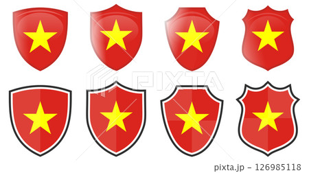 Vertical Vietnam flag in shield shape, four 3d and simple versions. Vietnamese icon / sign 126985118