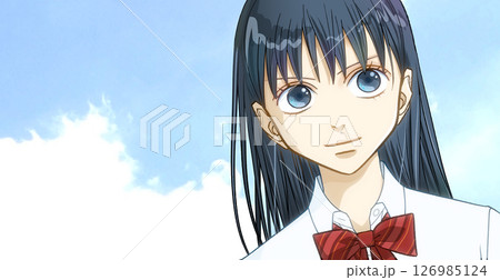 広がる青空、前向きな笑顔の夏服リボン女子学生アニメ風イラスト、左に余白 126985124