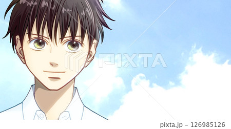 広がる青空、前向きな笑顔のワイシャツ男子学生または社会人アニメ風イラスト、右に余白 126985126