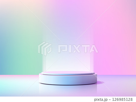 pastel dreamscape podium on reflective surface with lavender mint rose gradient background for product display mockup showcase 126985128