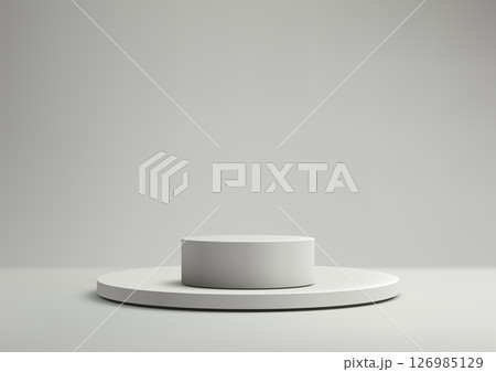 minimalist white cylindrical podium display on circular base clean modern product showcase isolated plain backdrop 126985129