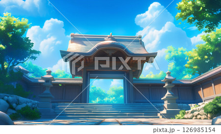 夏の青空のお寺、アニメ風 126985154