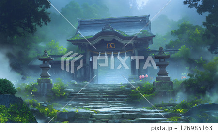霧が出ているお寺の門、アニメ風のイラスト素材 [126985163] - PIXTA