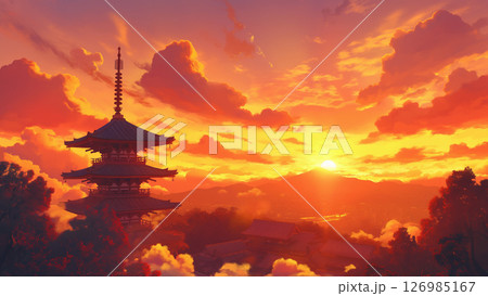 日が沈んでいくお寺の風景、アニメ風 126985167