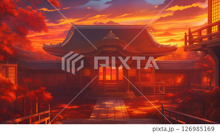 夕方のお寺、アニメ風 126985169