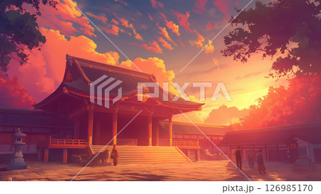 夕焼けに照らされたお寺、アニメ風 126985170