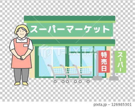 中年女性店員  スーパーマーケット  建物  イラスト 126985301