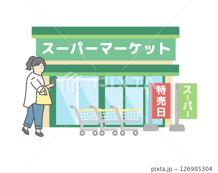 買い物にきた女性  スーパーマーケット  建物  イラスト 126985304