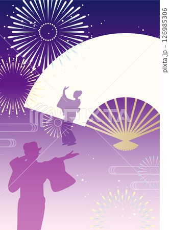 お祭りイメージの背景イラスト素材 ベクター 打ち上げ花火 盆踊り 日本 扇子  126985306