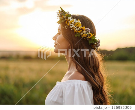 夕日に照らされる女性 126985309