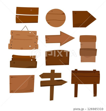 Set of cartoon wooden signs and planks in various shapes. Flat style on white background. 126985310