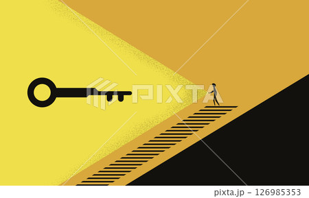 Minimalist Illustration of a Man on Stairs, Pointing His Flashlight, and Found a Giant Key. Symbolizing Opportunity, Knowledge, or Discovery in Business 126985353