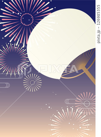 打ち上げ花火とうちわの背景イラスト素材 ベクター 夏 お祭り 日本 お盆 126985355
