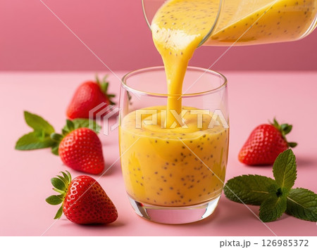 Pouring Bright Mango Chia Smoothie Pouring Bright Mango Chia Smoothie 126985372