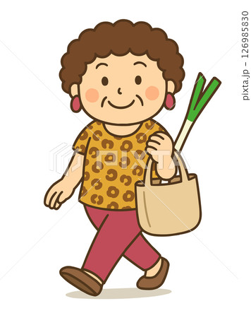 大阪のおばちゃんが買物袋にネギを入れて歩いているイラスト 126985830