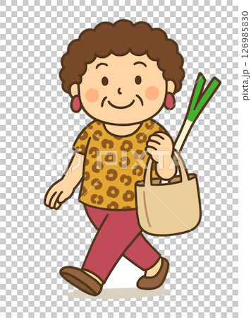 大阪のおばちゃんが買物袋にネギを入れて歩いているイラスト 126985830