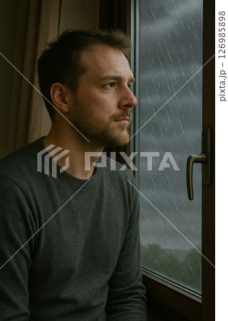 窓から雨が降る外を眺めて憂鬱そうな表情をする男性 126985898
