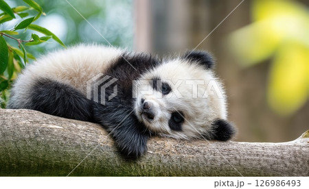 Adorable Baby Panda Sleeping Peacefully on a Tree Branch amidst Lush Greenery at Twilight in a Serene Forest Scene, Showcasing Soft Fur Textures and Gentle Shadows. 126986493