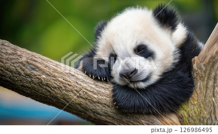 Peaceful Slumber An Adorable Baby Panda Lounging in a Lush Green Canopy, Bathed in Soft Natural Light, Enveloped by the Serene Ambiance of a Forest Sanctuary. 126986495