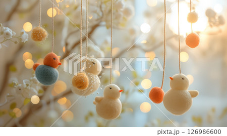 Close-up of handmade soft birds. 126986600