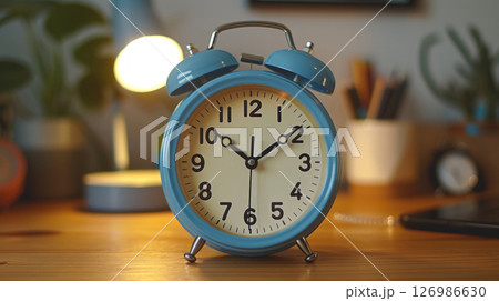 Blue alarm clock on the bedside table 126986630