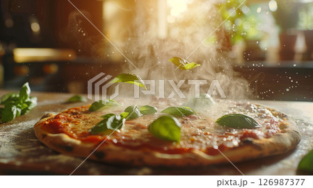 Green basil leaves on hot pizza. 126987377