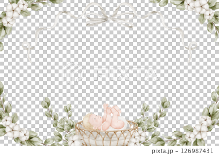 Watercolor Template for Card with a Baby in a wicker bassinet, surrounded by cotton flowers, eucalyptus leaves and white ribbons. Illustration of childish Frame for newborn invitations or Baby shower. Watercolor Template for Card with a Baby in a wicker bassinet, surrounded by cotton flowers, eucalyptus leaves and white ribbons. Illustration of childish Frame for newborn invitations or Baby shower. 126987431