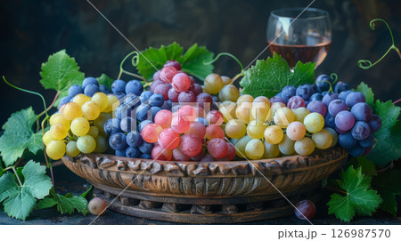 Ripe grapes of different varieties on a vintage tray. Ripe grapes of different varieties on a vintage tray. 126987570