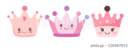 Princess Crowns Cute Cartoon Crowns Pink Tiaras Royal Headwear Kawaii Design Elements Children Illustration 126987653