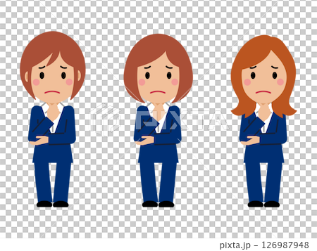 A young woman in a navy blue suit with a troubled expression and her hand on her chin A young woman in a navy blue suit with a troubled expression and her hand on her chin 126987948