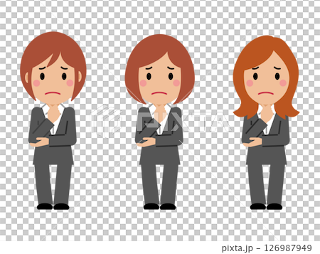 あごに手を当て困り顔のグレースーツの若い女性 126987949