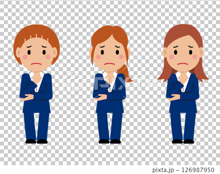 あごに手を当て困り顔の紺色スーツの若い女性。その2 126987950