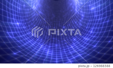 Sci-fi styled blue mesh tunnel with triangulated glowing surface and immersive digital depth 126988388